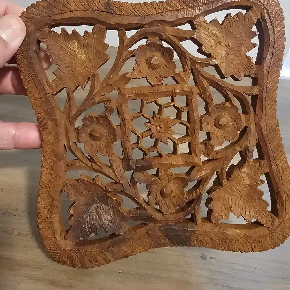 Vintage Hand Carved Wooden Trivet Indian Teak Hot Plate Boho Footed Wall Decor